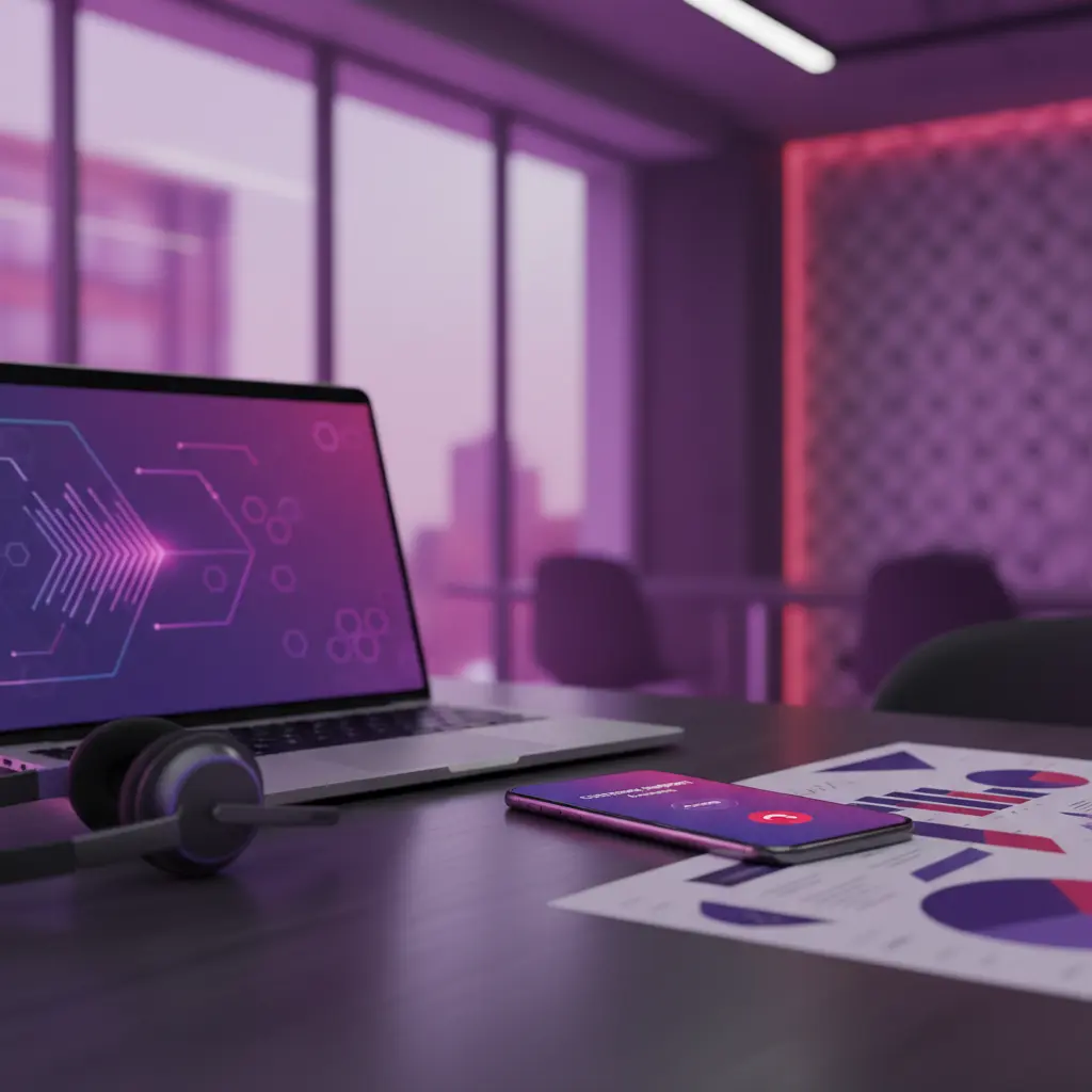 Professional office desk with smartphone showing incoming business call