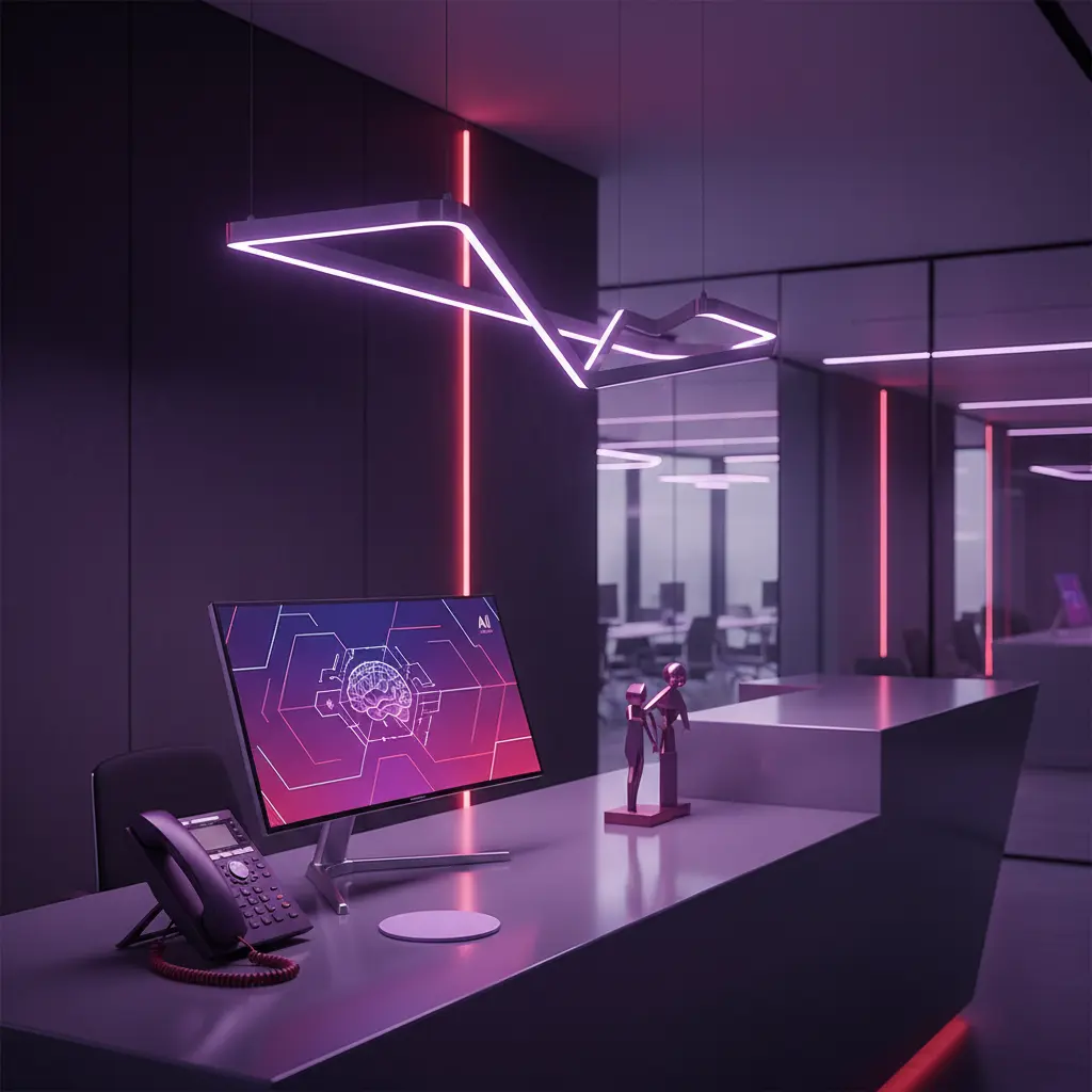 Modern reception desk with computer and phone showing AI vs traditional receptionist options