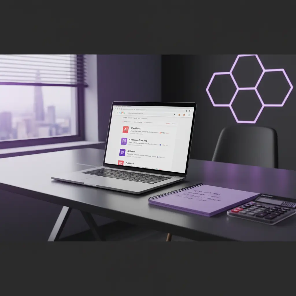 Laptop showing Google search results with PPC ads and planning materials on desk