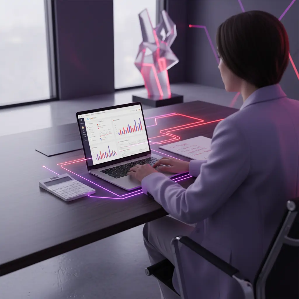 UK business owner planning Google PPC budget at desk with laptop