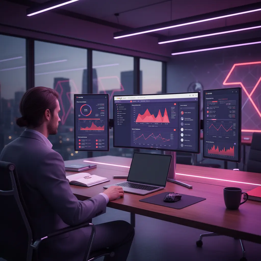 Marketing professional managing PPC campaigns on computer screens